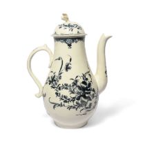 A Plymouth blue and white coffee pot and cover, c.1770, painted in a dark blue with the Mansfield