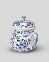 A large English delftware posset pot and cover, c.1720, London or Bristol, the large body painted in