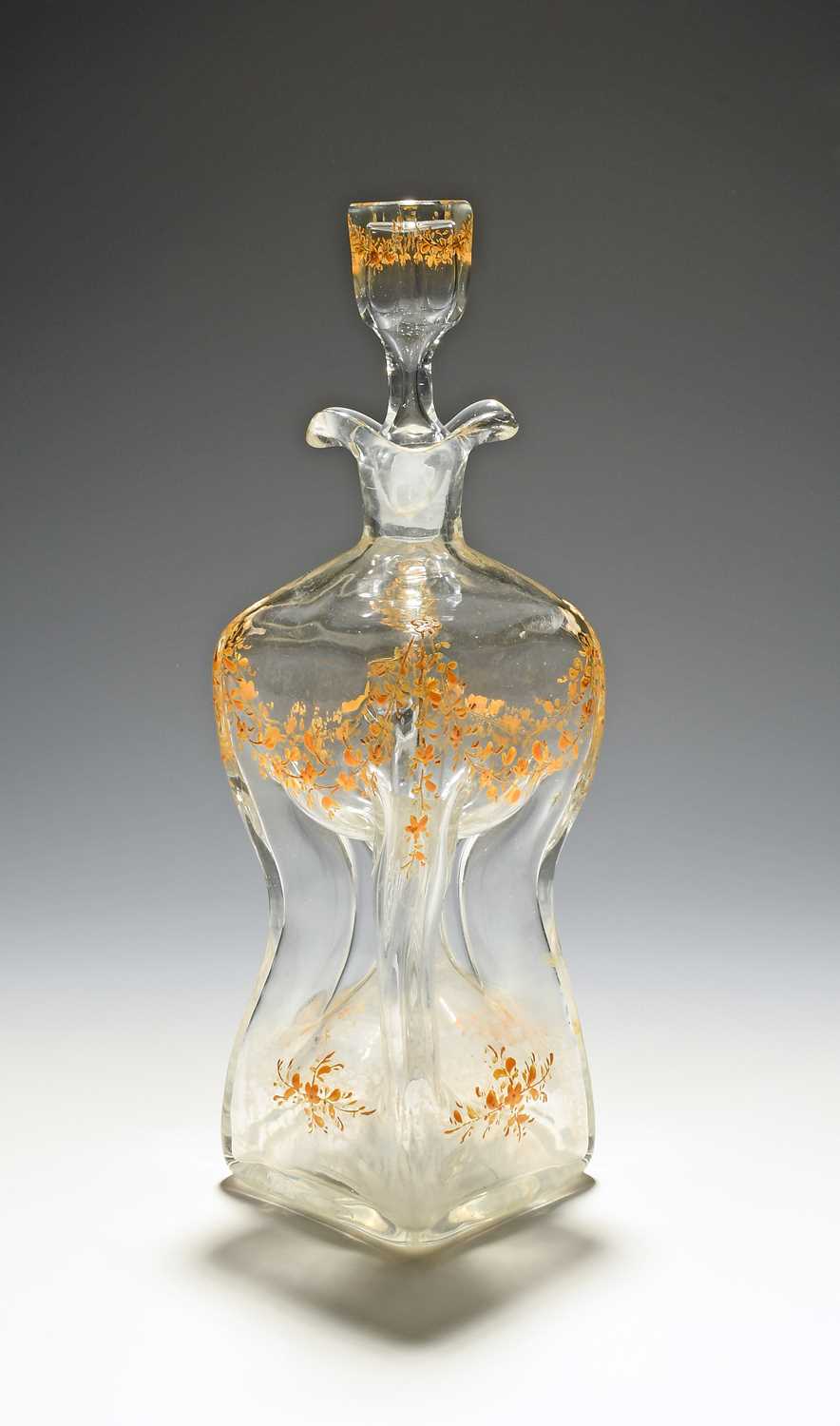 An enamelled waisted decanter and stopper, 19th century, the square form pinched around the middle