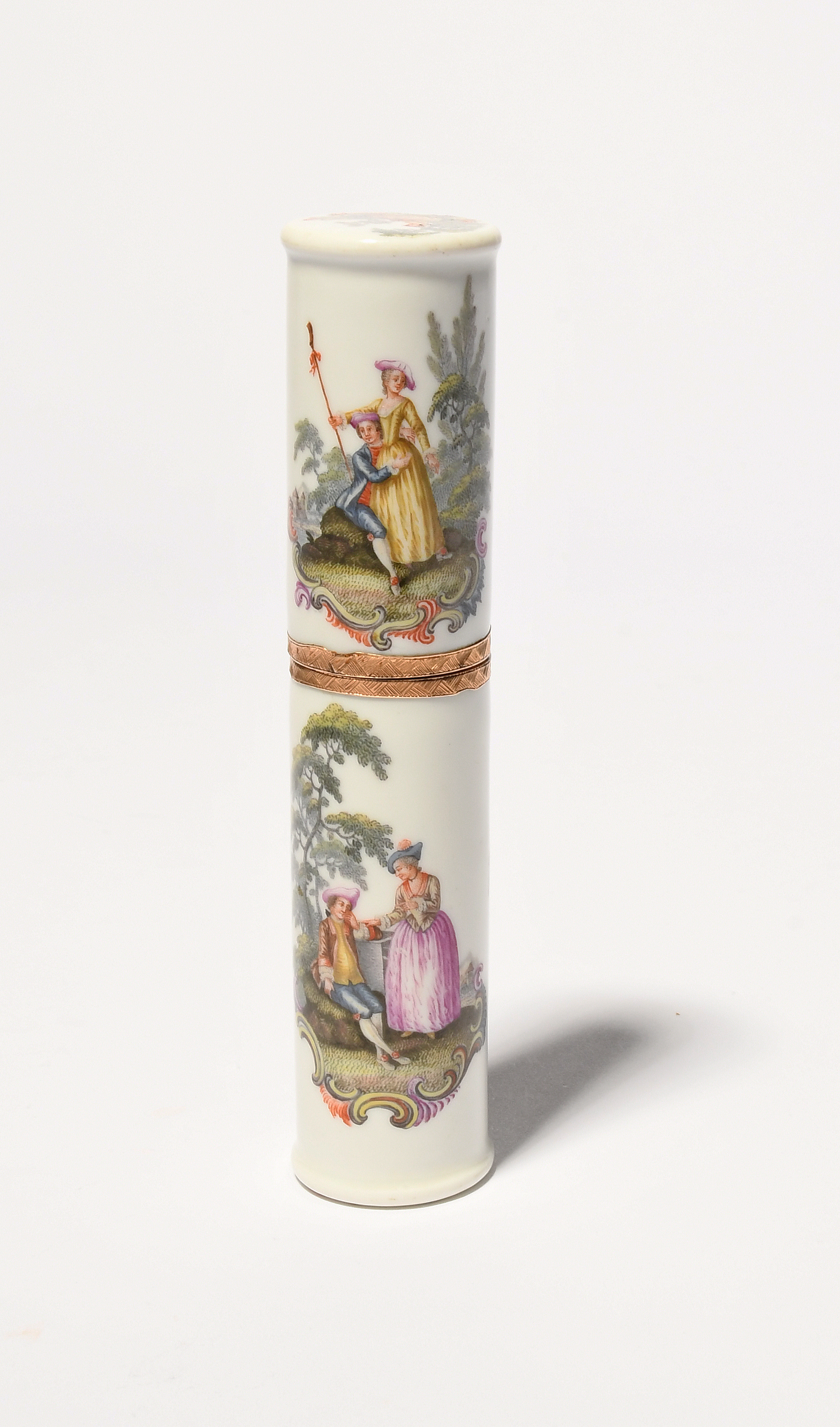 A Meissen etui or bodkin case, c.1760, the wide cylindrical form painted with four scenes of - Image 2 of 3
