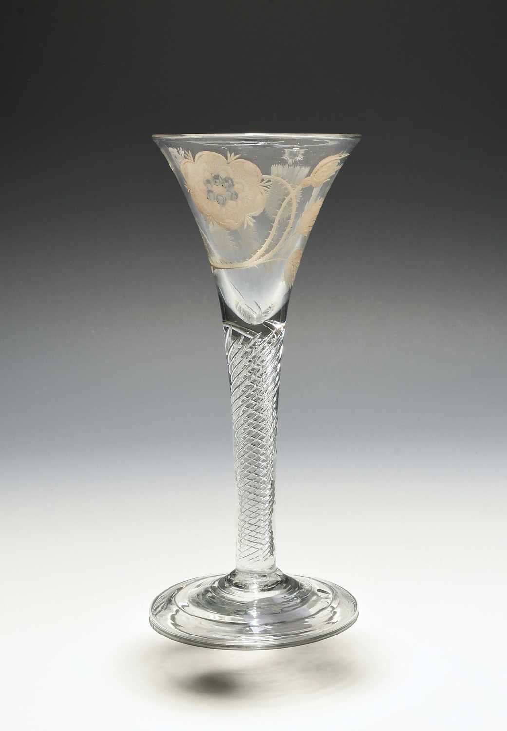 A Jacobite wine glass of Scottish significance, c.1750, the drawn trumpet bowl engraved with a - Image 2 of 2