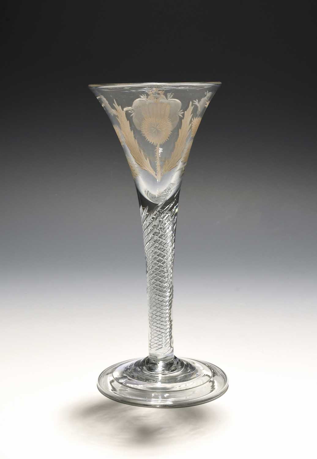 A Jacobite wine glass of Scottish significance, c.1750, the drawn trumpet bowl engraved with a