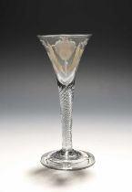 A Jacobite wine glass of Scottish significance, c.1750, the drawn trumpet bowl engraved with a