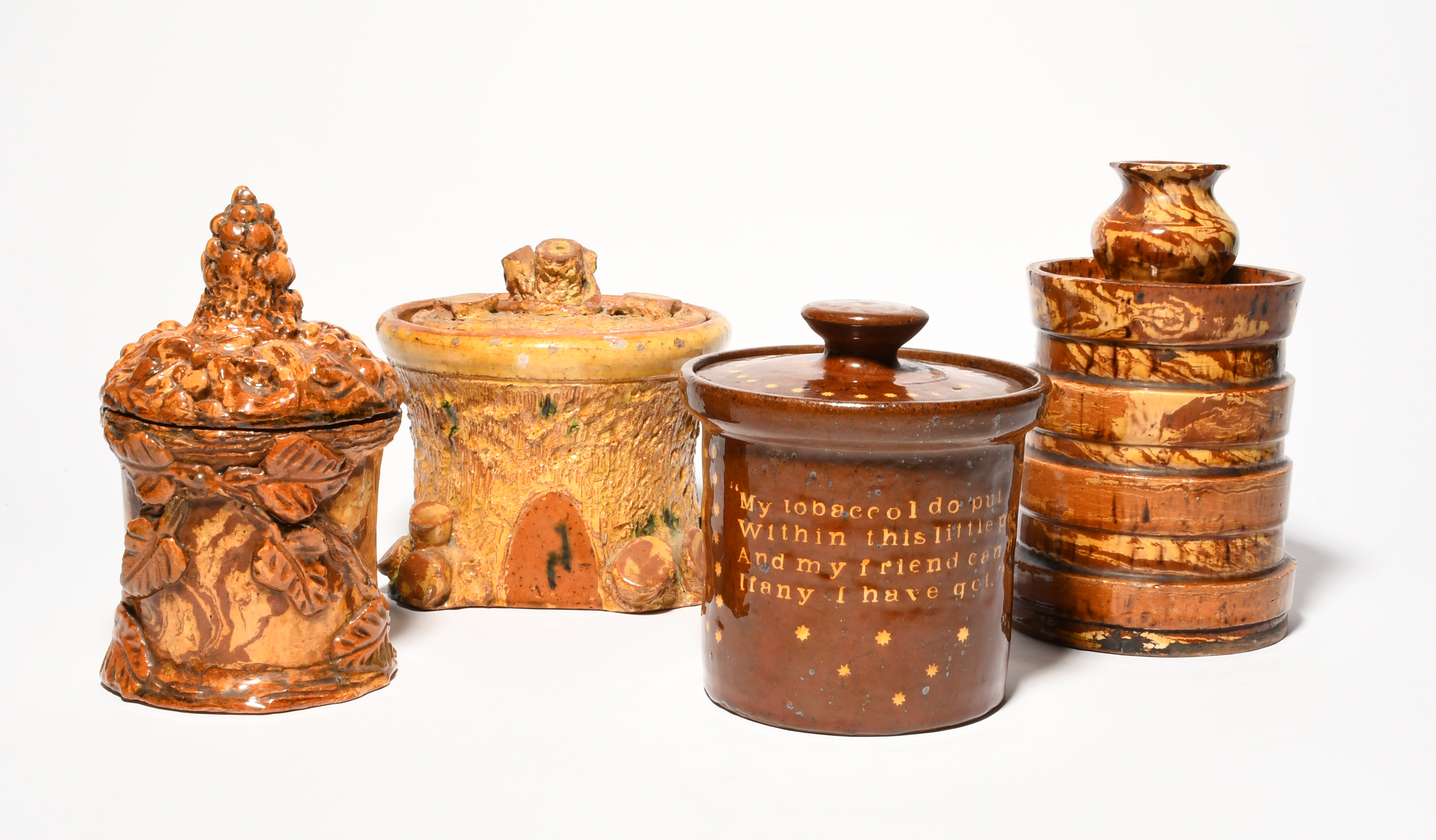 Four slipware jars and covers, 19th/early 20th century, a Sussex agateware pot pourri modelled - Image 2 of 2