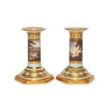 A pair of Barr Flight and Barr dwarf candlesticks, c.1815, painted with landscape scenes including a