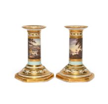 A pair of Barr Flight and Barr dwarf candlesticks, c.1815, painted with landscape scenes including a