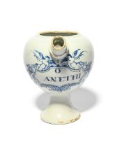 A Delft wet drug or syrup jar, 18th century, the rounded body painted in blue with a cartouche