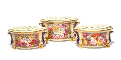 A garniture of three Bloor Derby bough pots and covers, c.1825-30, painted perhaps by Thomas Steel