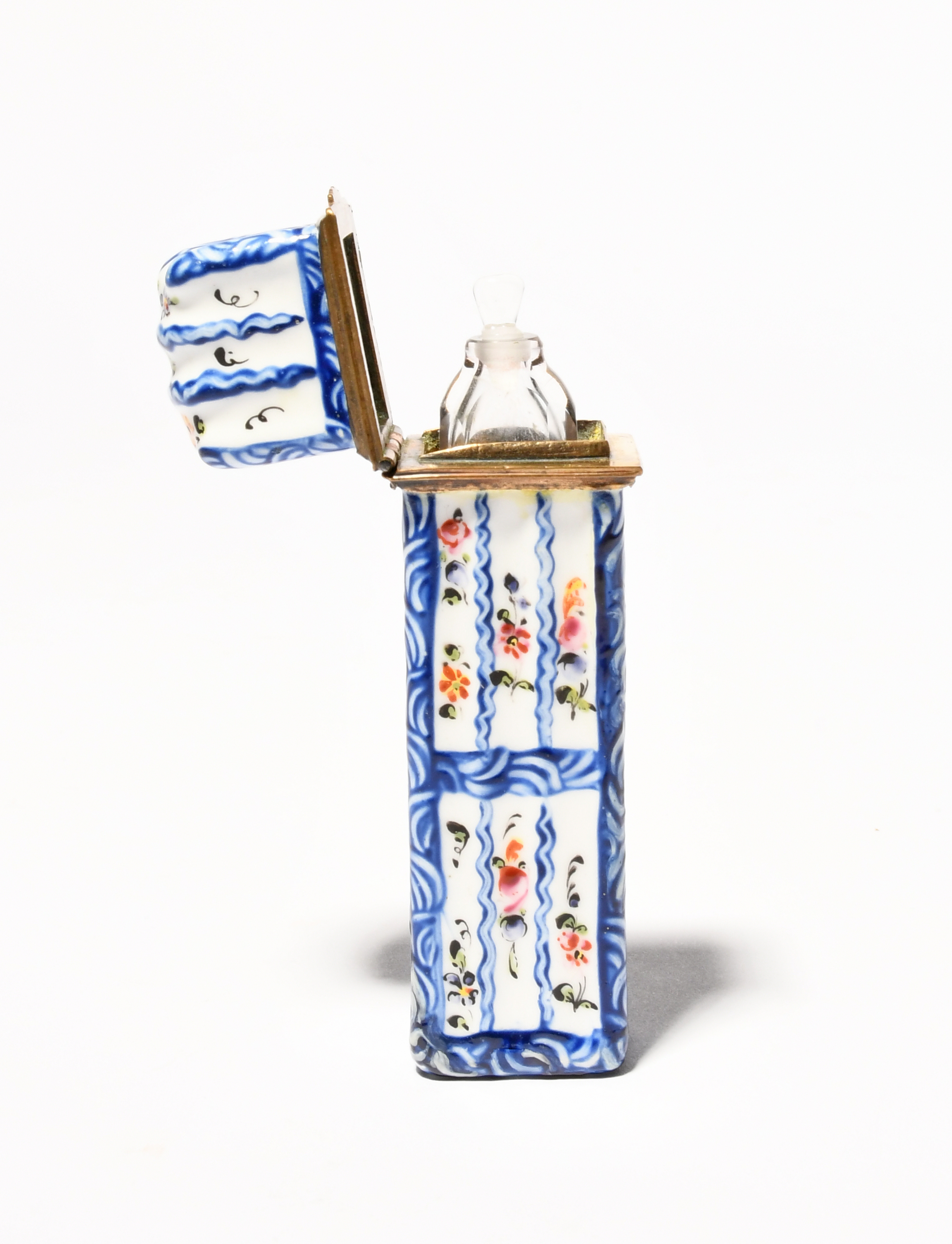 A Staffordshire enamel scent bottle case, c.1780, of moulded rectangular form, painted with narrow - Image 2 of 2