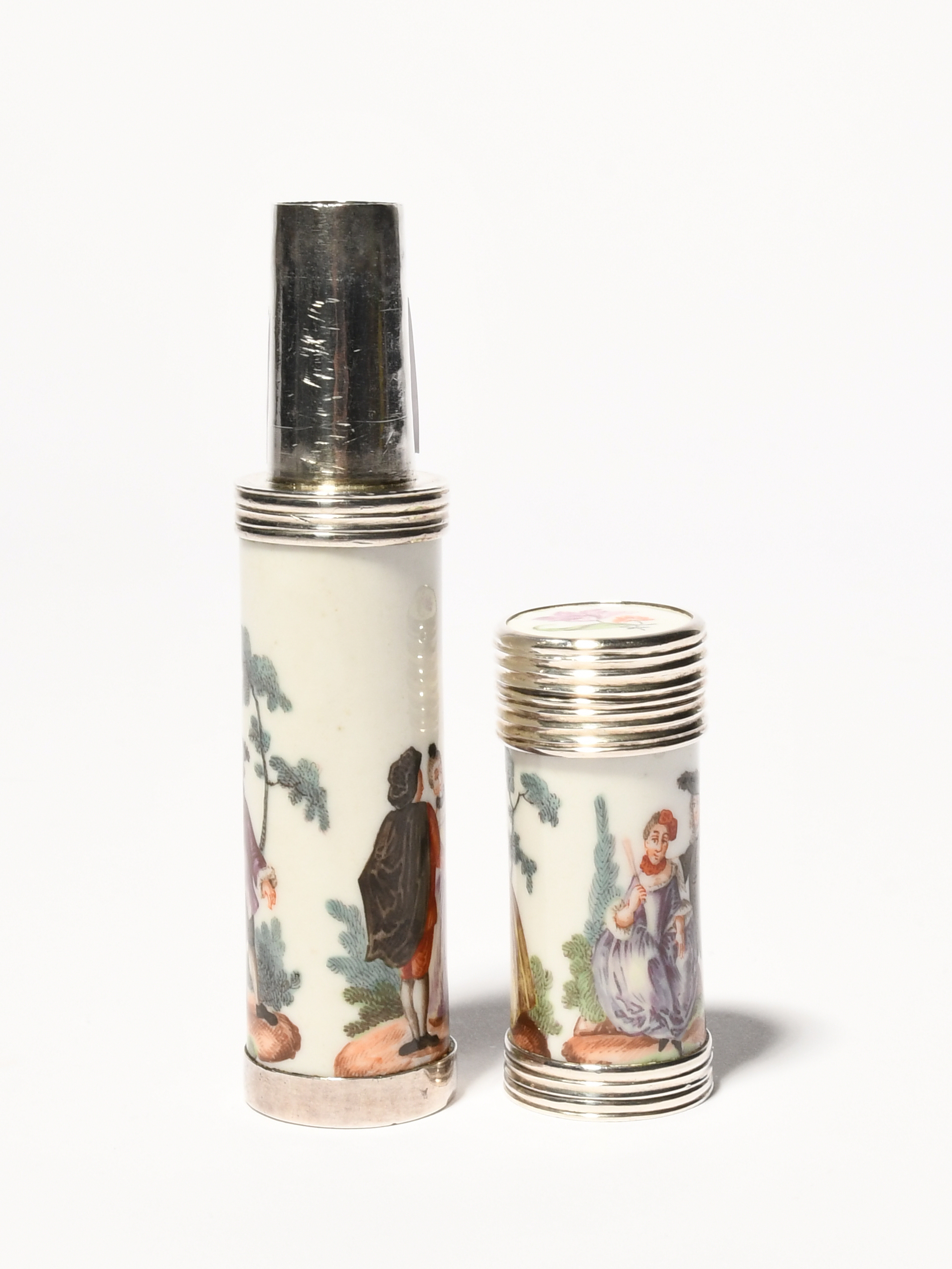 A Meissen silver-mounted etui or bodkin case, c.1760, the cylindrical form finely painted with - Image 3 of 3