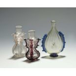 Three Continental glass scent bottles, late 18th century, one of flattened pear-shape applied with
