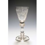 A Williamite wine glass, probably early 18th century, the flared bowl engraved with an equestrian