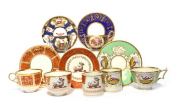 Five Flight and Barr partnership cups and saucers, c.1800-15, including a Barr trio of coffee can,