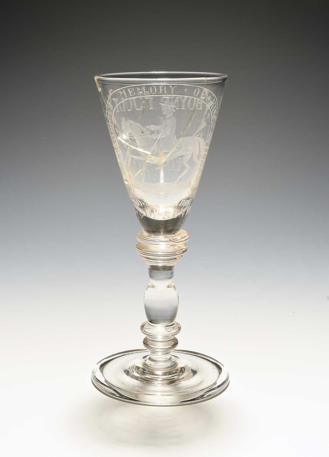 A Williamite wine glass, probably early 18th century, the flared bowl engraved with an equestrian - Image 2 of 2