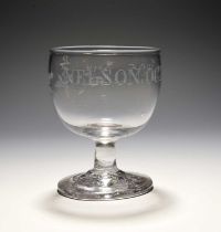A small commemorative glass rummer for the Battle of Trafalgar, c.1806, the cup bowl engraved with a