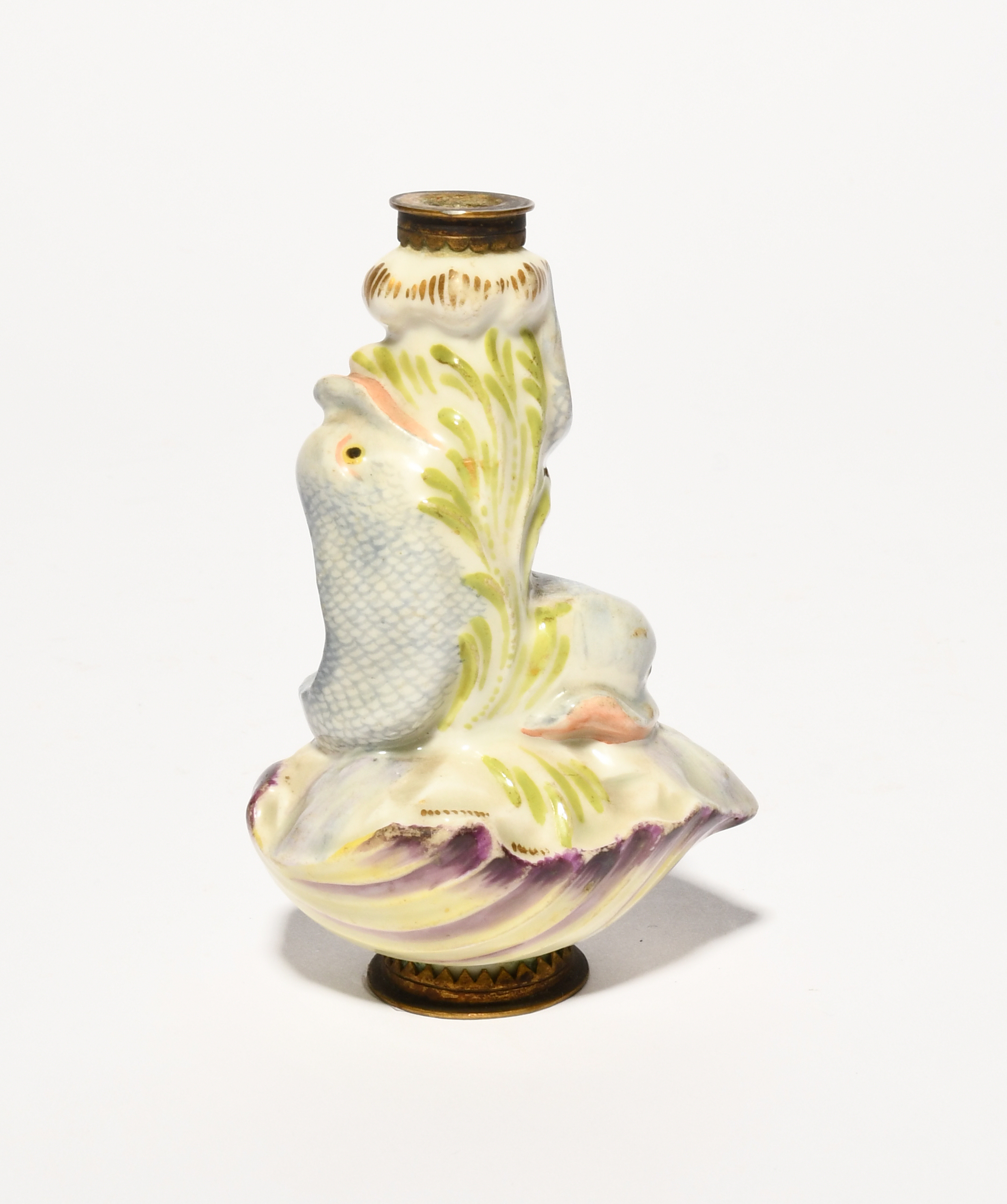An English porcelain scent bottle, probably late 18th century, modelled in the Chelsea manner with - Image 2 of 3