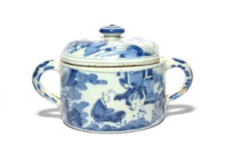 A delftware posset pot and cover, c.1700, painted in blue with Chinese figures at various pursuits