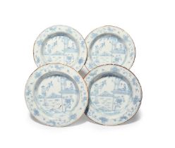 Four small Liverpool delftware bowls, c.1770, painted in pale blue with a Chinese figure standing in