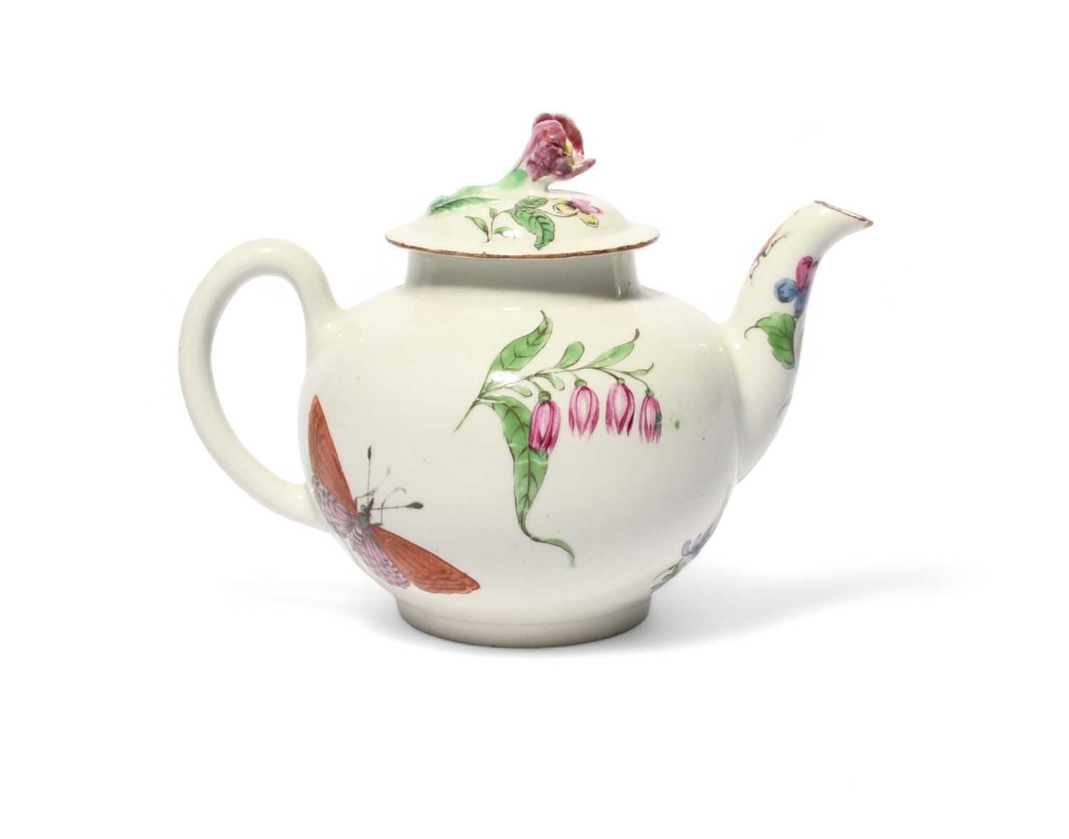 A small Scratch Cross Worcester teapot and cover, c.1754, finely painted with a pink rose spray - Image 2 of 2