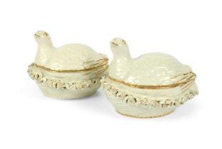 Two rare Worcester quail tureens and covers, c.1760, naturalistically modelled with heads slightly