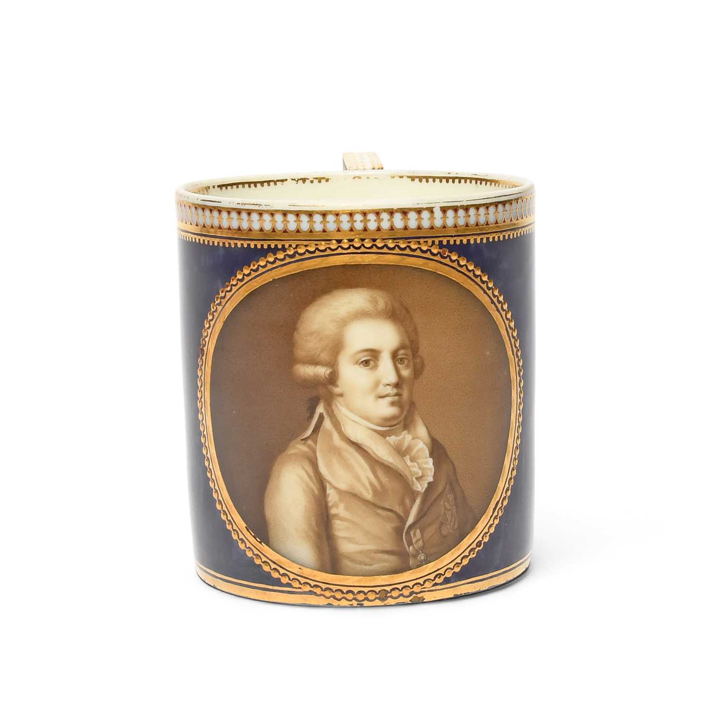 A Meissen coffee can, c.1780-90, finely painted in sepia with a head and shoulders portrait of a