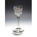 An unusual wine glass of Jacobite significance, c.1750-60, the deep ogee bowl engraved with a