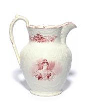 A large pearlware commemorative jug for the coronation of William IV, c.1831, printed in puce with