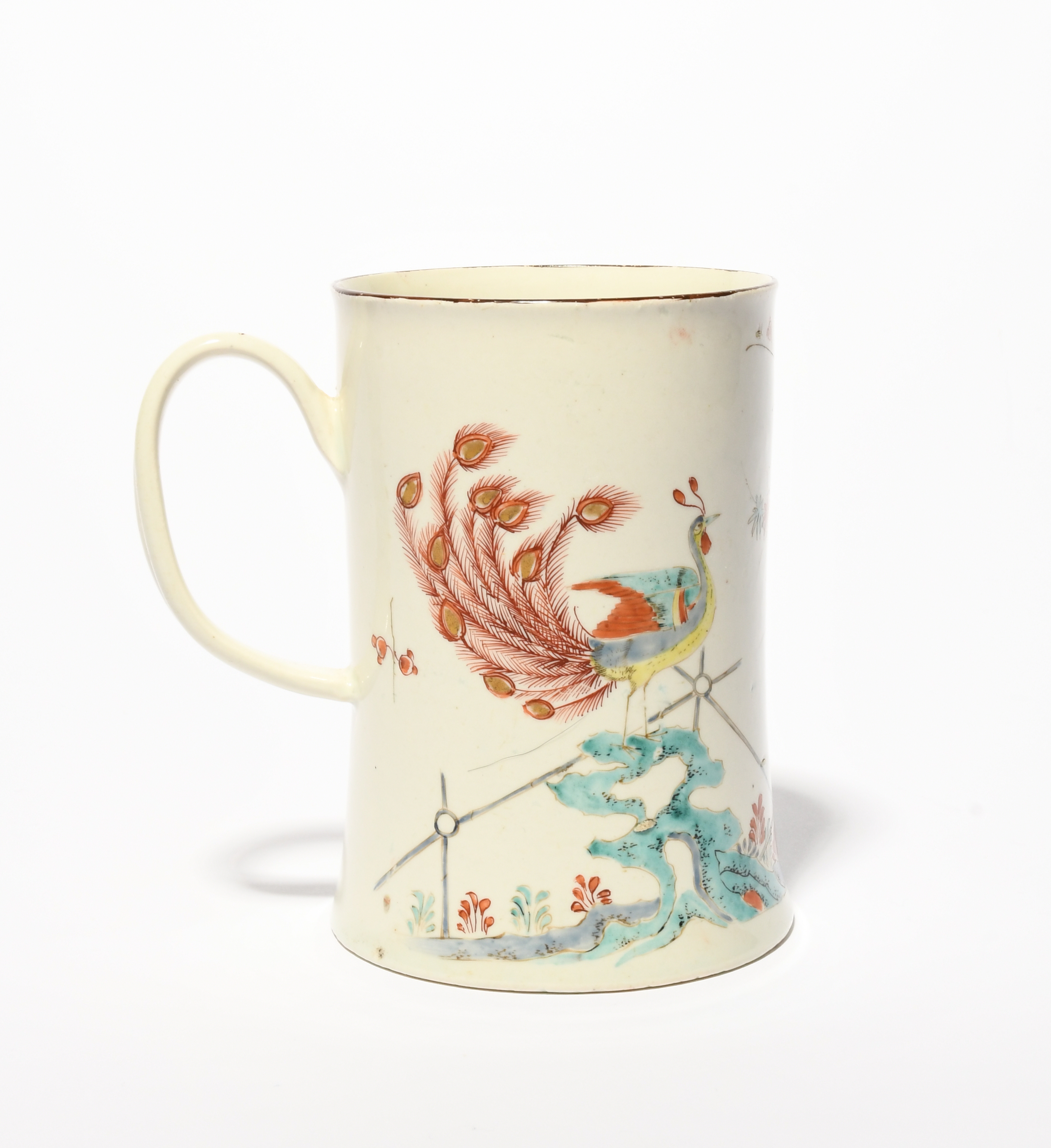 A good and rare Vauxhall mug, c.1755, the cylindrical form rising from a flared foot, well painted - Image 4 of 4