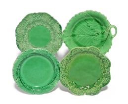 Four Staffordshire green glazed plates or dishes, 2nd half 18th century, one Brameld and moulded