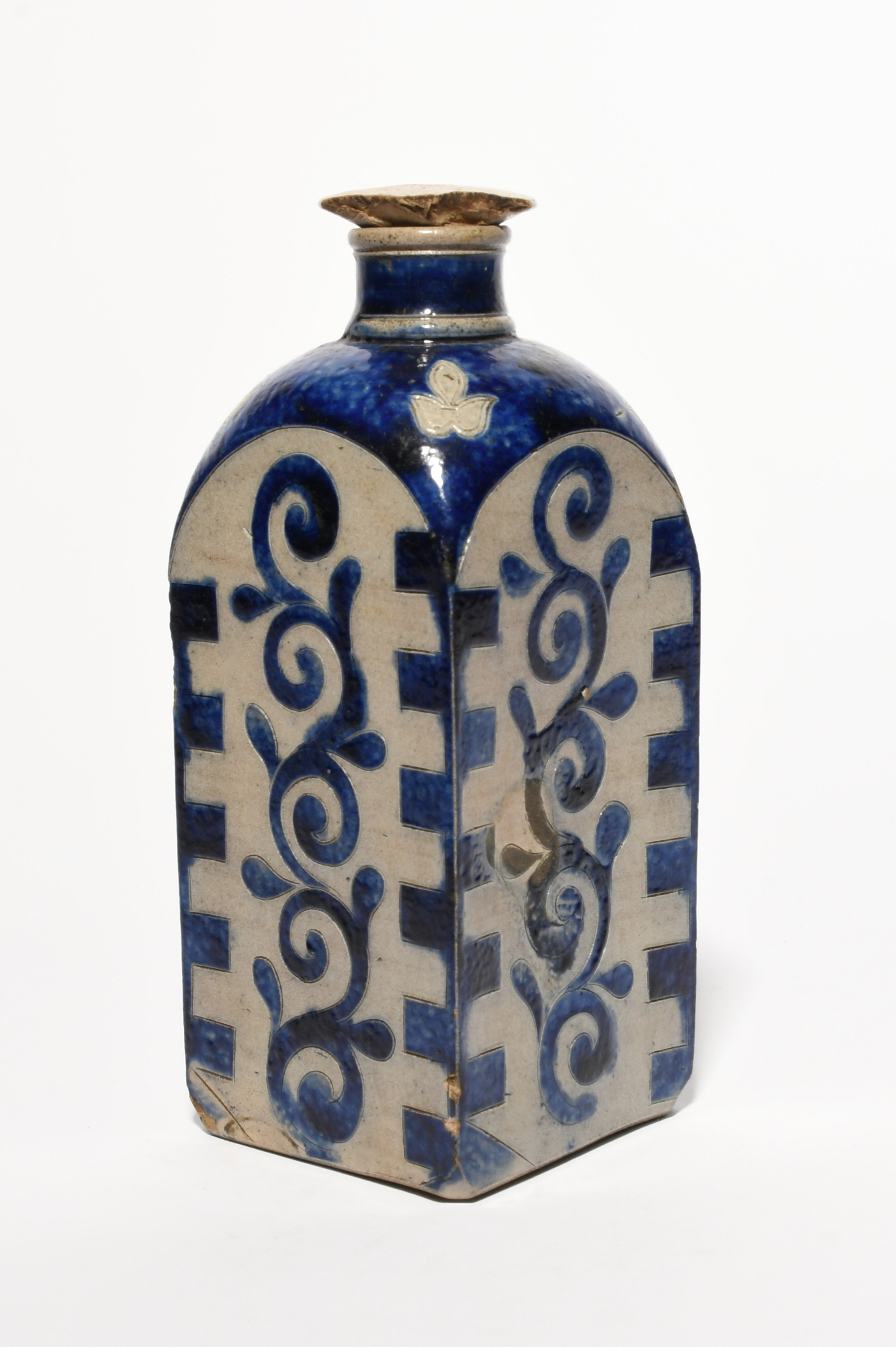 A Westerwald stoneware square flask or bottle and stopper, early 18th century, the four sides each - Image 3 of 3