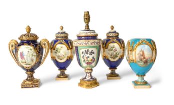 A pair of Minton porcelain vases and covers, 19th century, decorated in the Sèvres style with panels