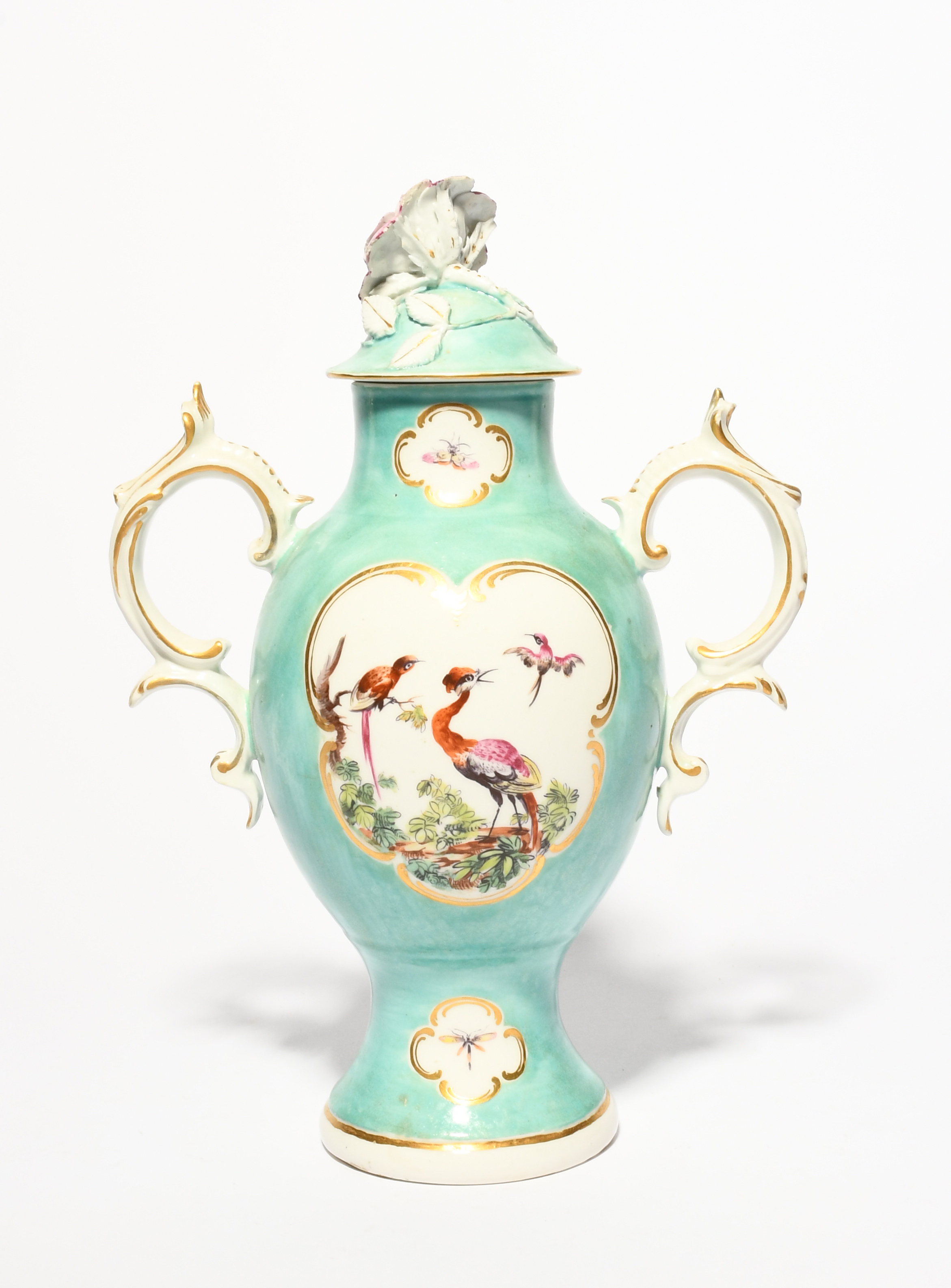 A Derby two-handled vase, c.1765, painted with panels of colourful birds reserved on a turquoise - Image 2 of 2