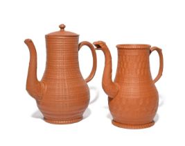 Two large redware coffee pots and one cover, mid 18th century, of baluster shape, finely turned with