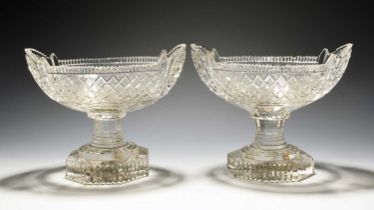 A pair of Irish cut glass centrepieces, 19th century, of navette shape, deeply cut with a diamond