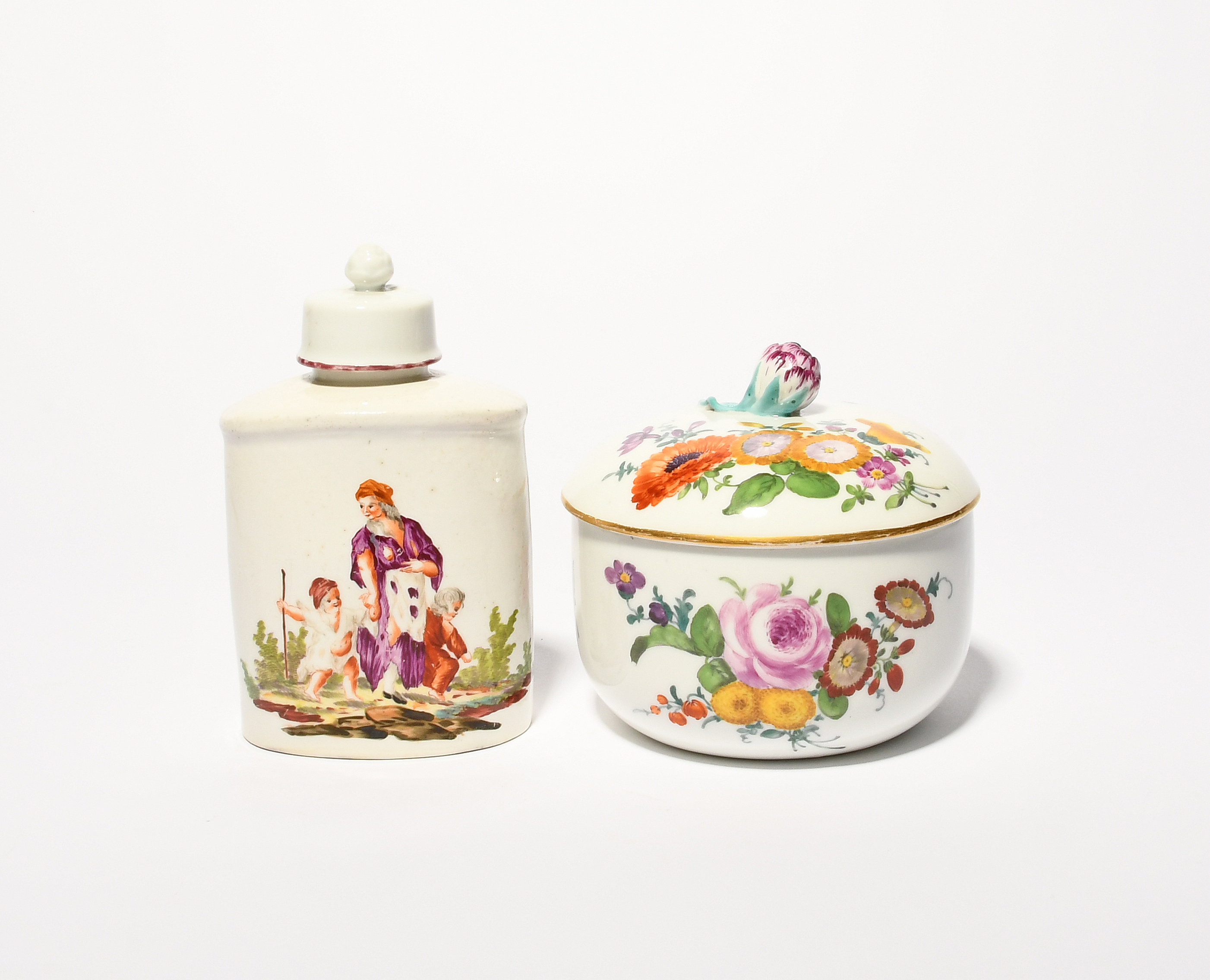 A Limbach tea canister and cover, c.1780, one side painted with a ragged mother and two children, - Image 2 of 2