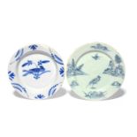 Two delftware plates, c.1730-60, one of primitive shape and painted in blue with a long-tailed
