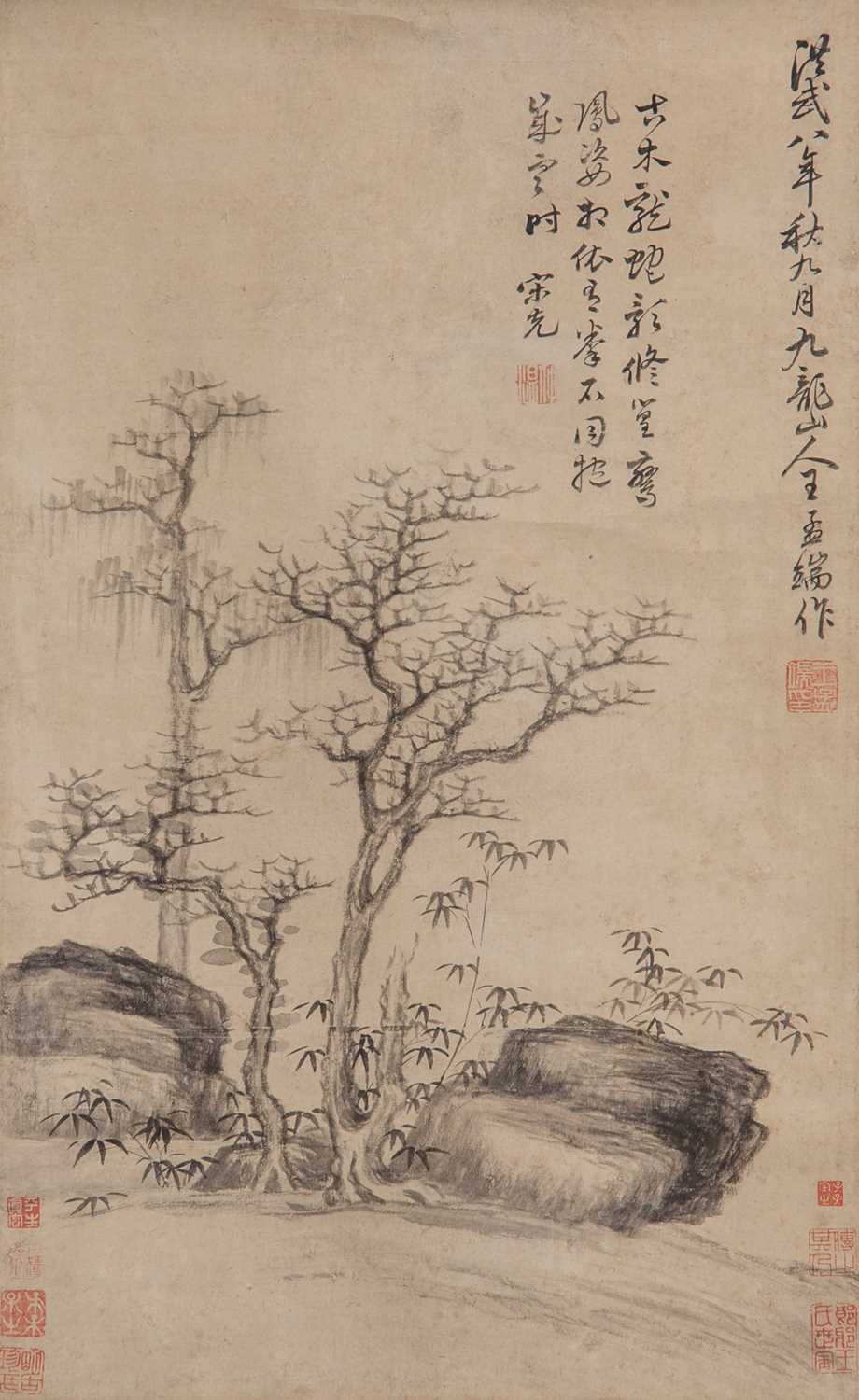 AFTER WANG FU (19TH CENTURY) PINE AND ROCK A Chinese scroll painting, ink on paper, with the