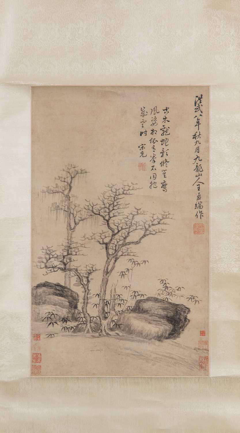 AFTER WANG FU (19TH CENTURY) PINE AND ROCK A Chinese scroll painting, ink on paper, with the - Image 2 of 2