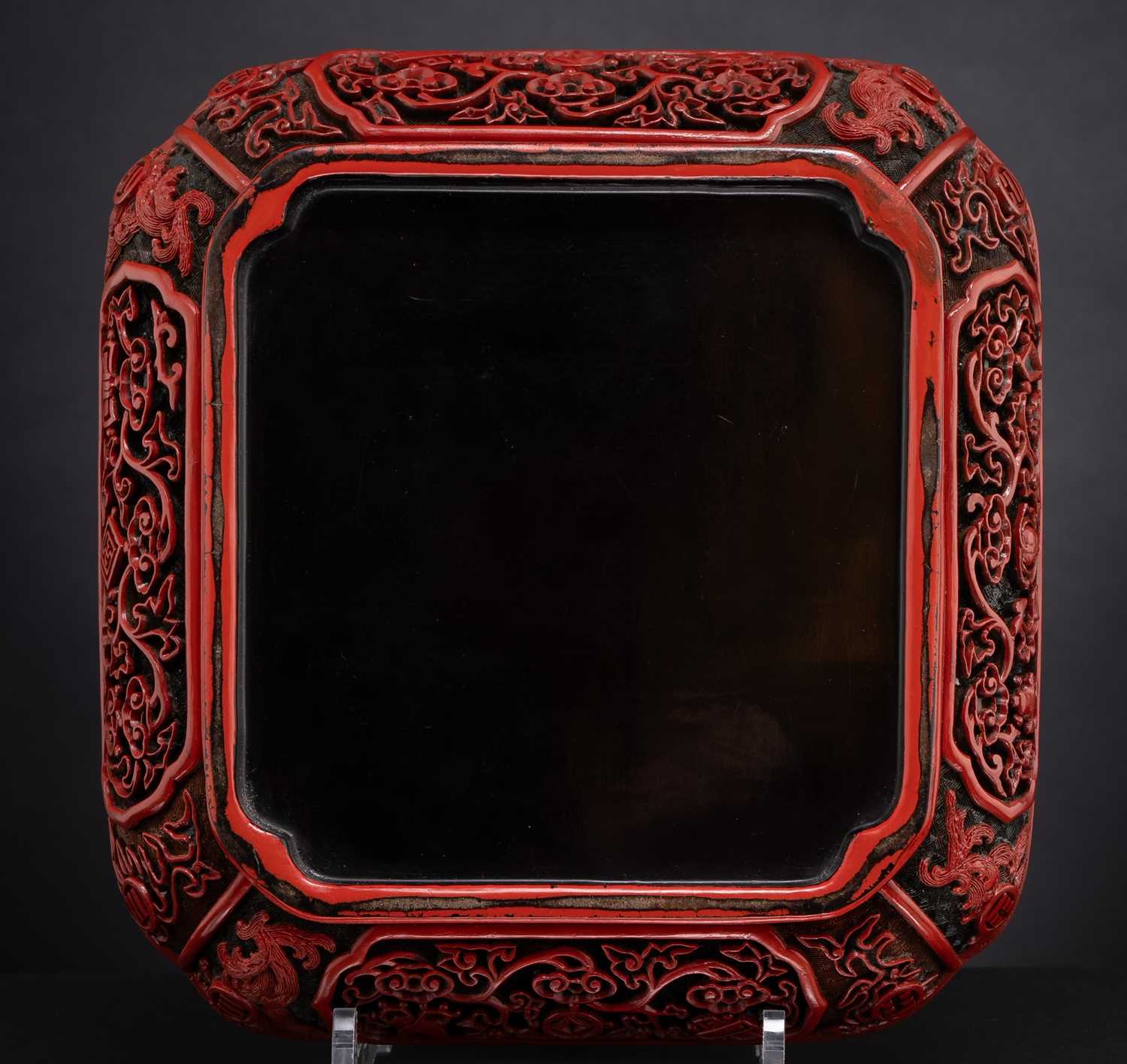 A RARE CHINESE THREE-COLOURED LACQUER 'DRAGON' TRAY QIANLONG 1736-95 The square dish decorated to - Image 2 of 2