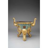 A CHINESE CLOISONNE ENAMEL AND GILT-BRONZE TRIPOD INCENSE BURNER QIANLONG OR LATER The vessel with