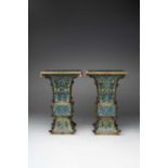 A GOOD PAIR OF CHINESE CLOISONNE ENAMEL ARCHAISTIC VASES, FANGGU 17TH CENTURY Decorated to the