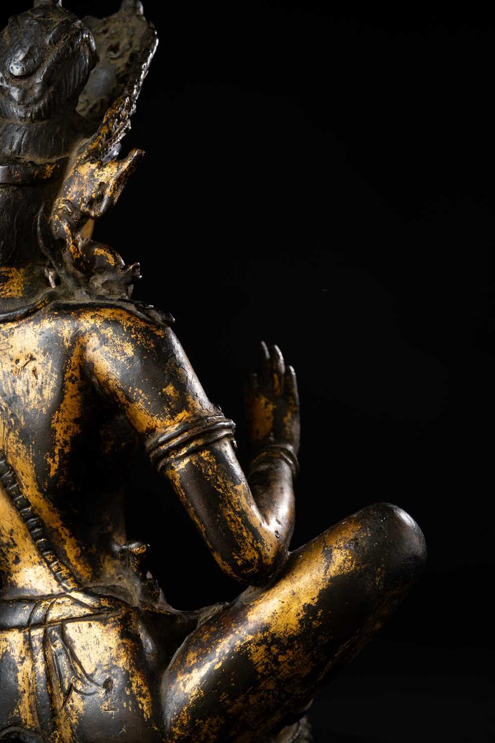 A RARE NEPALESE GILT-COPPER FIGURE OF INDRA 14TH CENTURY Seated in maharajalilasana with his right - Image 2 of 9