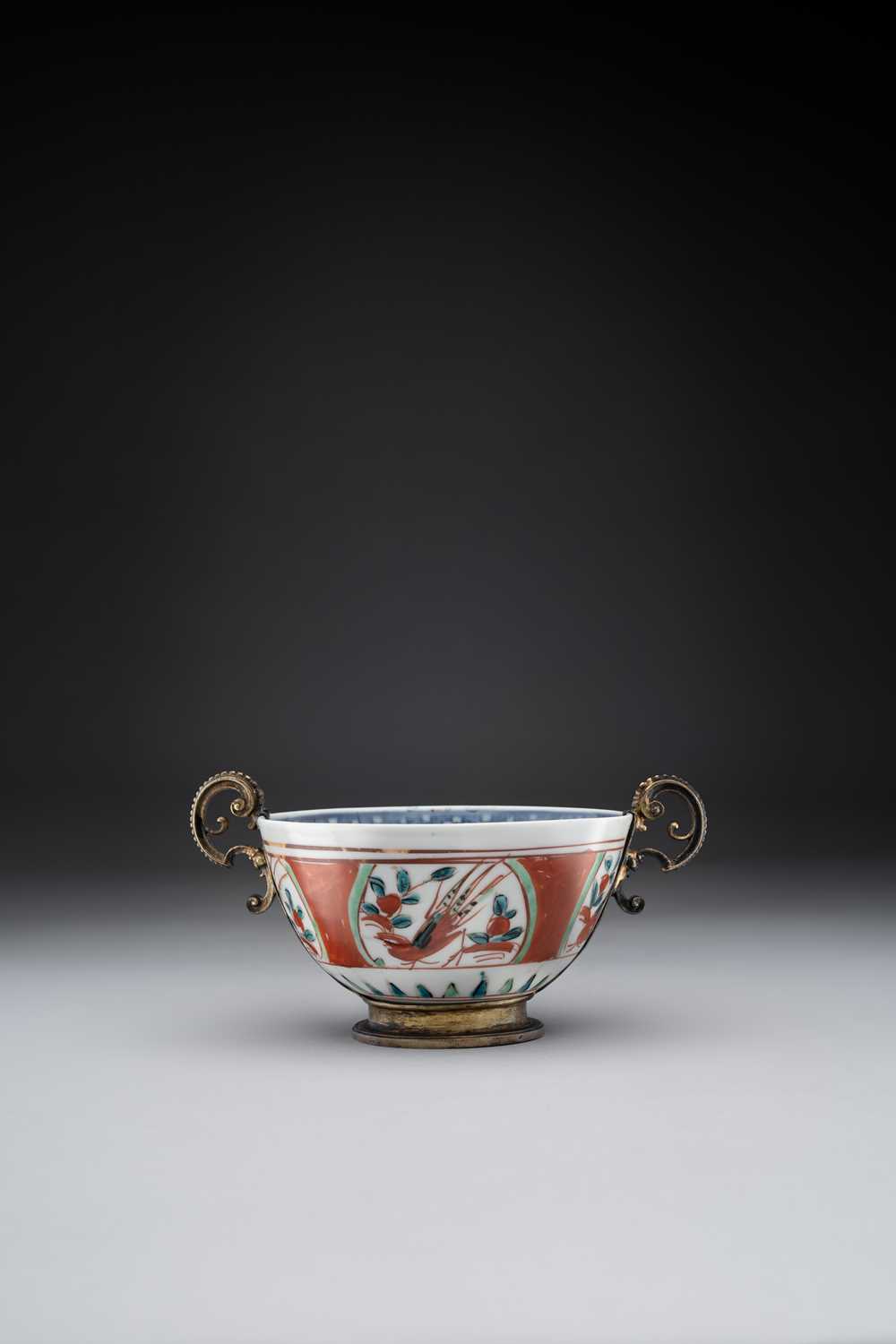 A RARE CHINESE WUCAI SILVER-GILT MOUNTED BOWL JIAJING 1522-66 The exterior painted with iron-red,