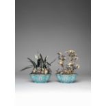 λ A PAIR OF CHINESE PAINTED ENAMEL JARDINIERES WITH HARDSTONE PLANTS QIANLONG 1736-95 The