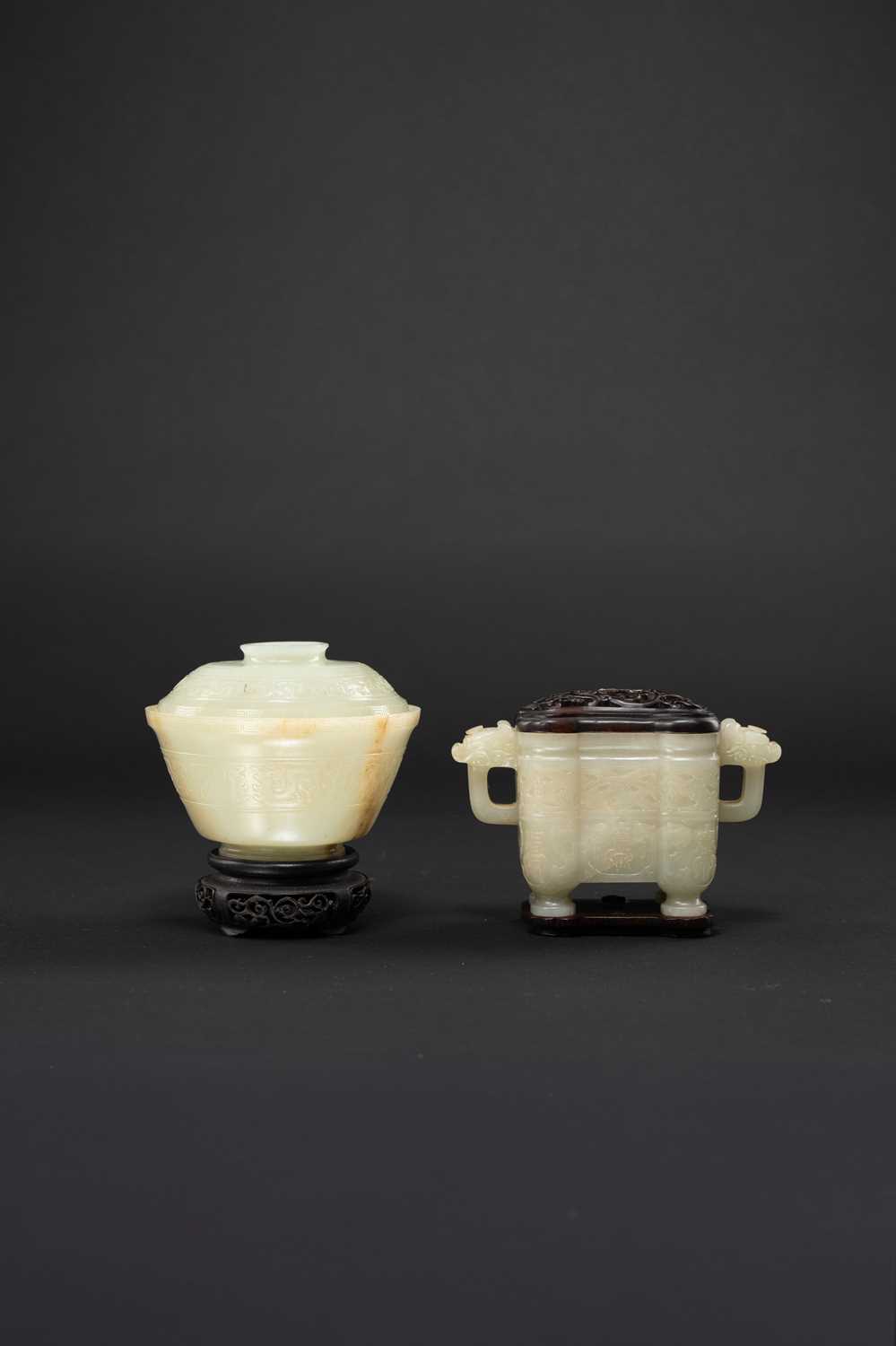 TWO CHINESE CELADON JADE ARCHAISTIC VESSELS 18TH CENTURY One a bowl and cover decorated in low
