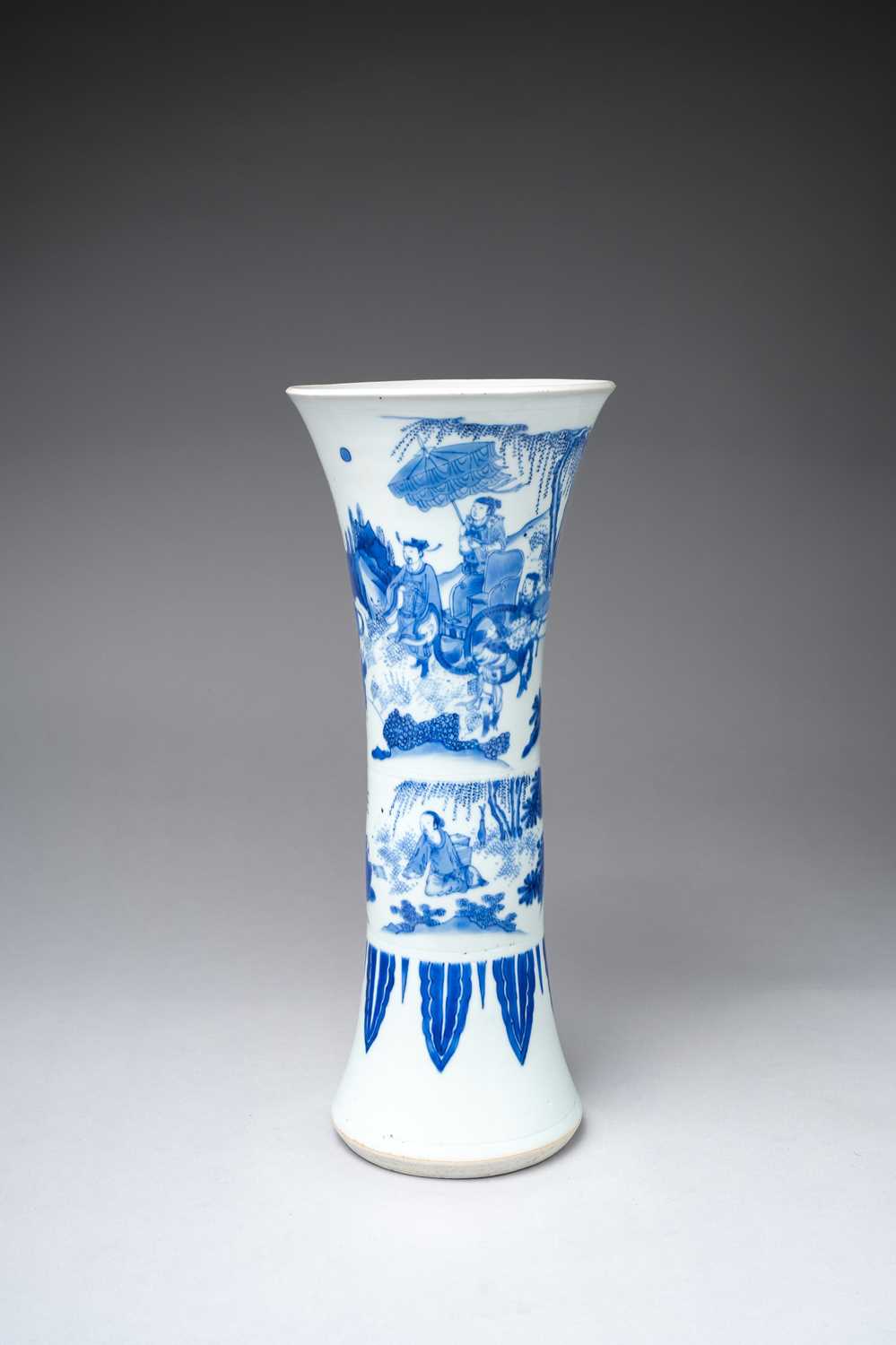 A GOOD CHINESE BLUE AND WHITE ‘BINGJI AND THE BUFFALO’ GU-SHAPED VASE TRANSITIONAL PERIOD C.1640