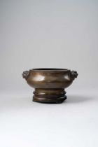 NO RESERVE A CHINESE BRONZE INCENSE BURNER AND STAND QING DYNASTY The compressed circular body