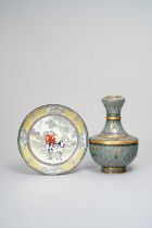 A CHINESE CLOISONNE ENAMEL GARLIC-MOUTH VASE AND A PAINTED ENAMEL DISH 19TH CENTURY The vase