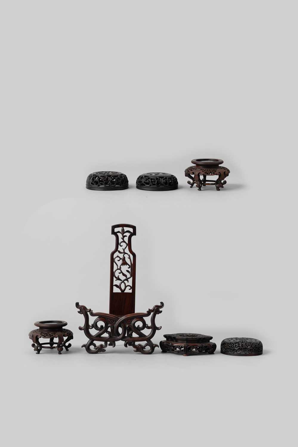 NO RESERVE A SMALL COLLECTION OF CHINESE HARDWOOD STANDS AND COVERS QING DYNASTY Comprising: three