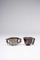 λ λ A CHINESE TWO-HANDLED SILVER CUP AND A TORTOISESHELL HEXAGONAL CUP KANGXI 1662-1722 The silver